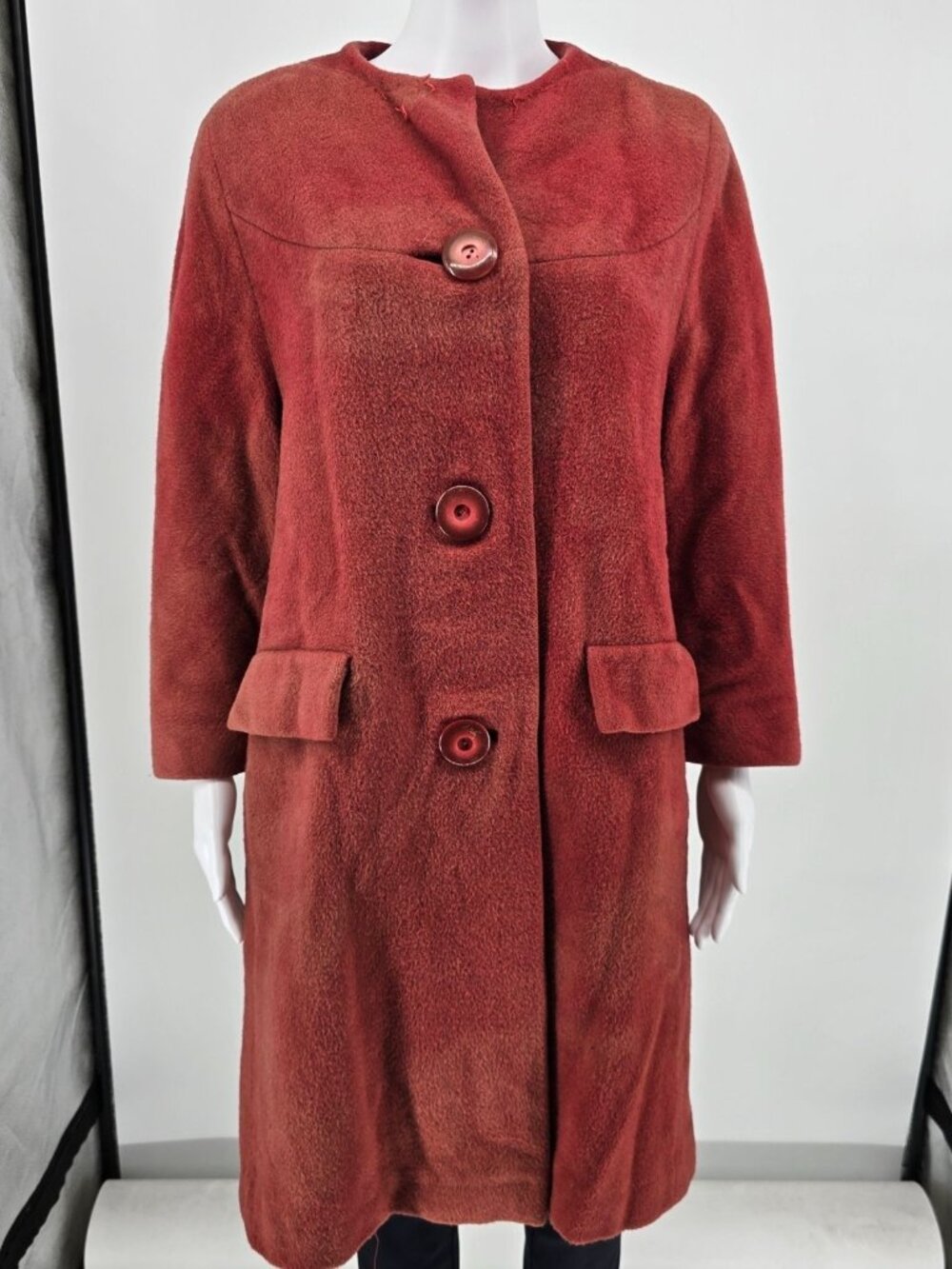 Distressed Vintage 1960s Youthcraft Women's Dyed Red Wool Bouclé Mod Coat (L)